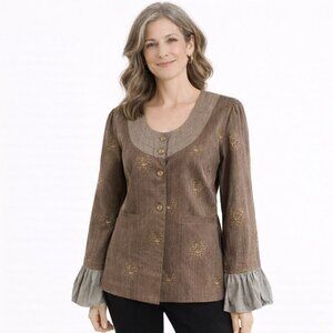 SERRAHNA Statement Blazer Gold Leaf Floral Flounce Cuff Boho Luxe Rare Small